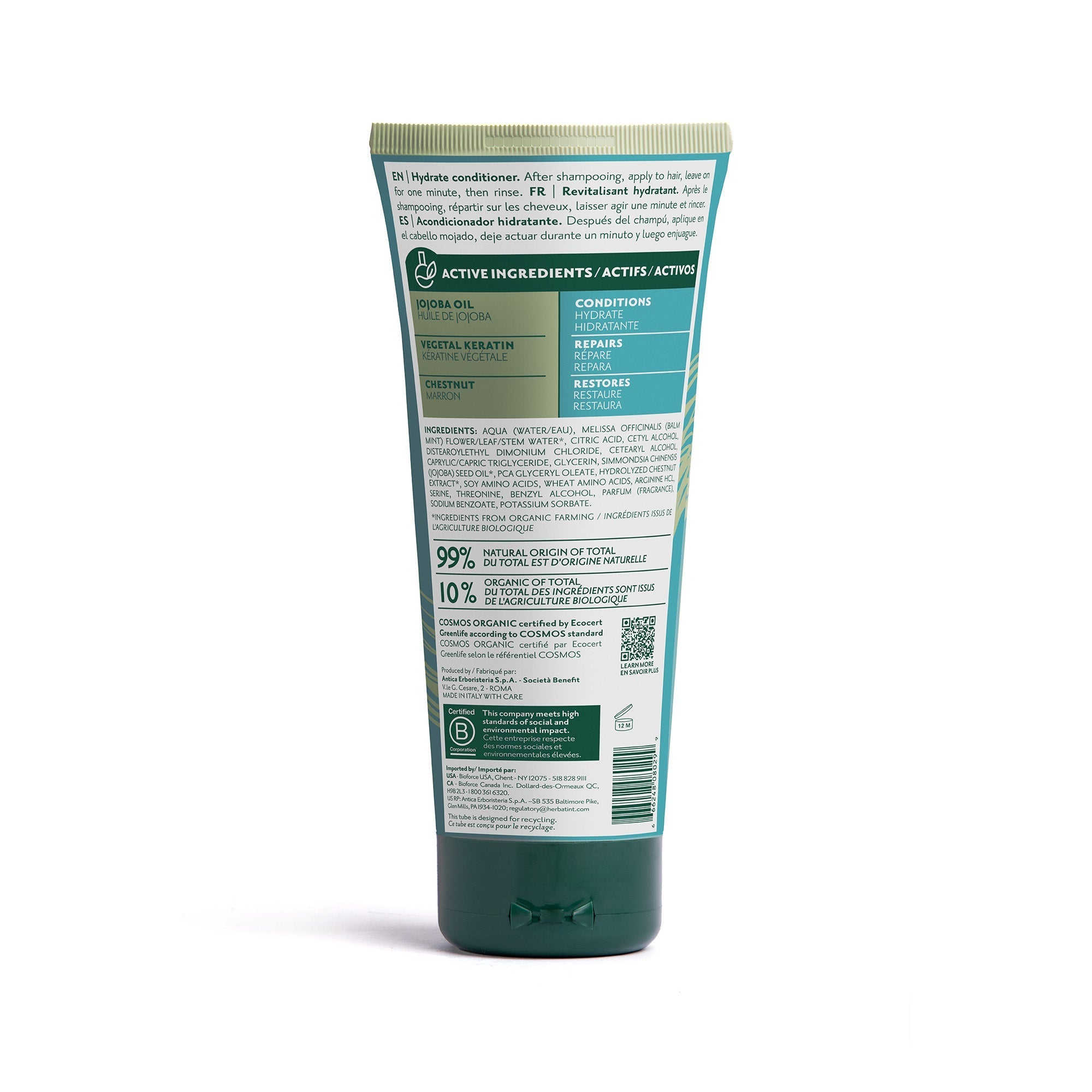 Herbatint Hydrate Conditioner - 99% Natural, Anti - Frizz, Vegetal Keratin & Chestnut Extract 200mL - A.Vogel Canada